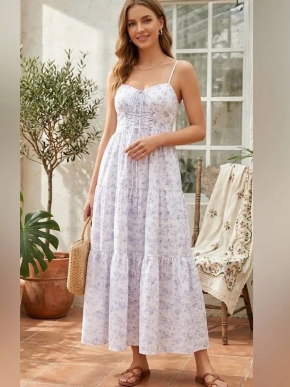 Francesca’s White with Purple Flowers Maxi Dress with Adjustable Straps